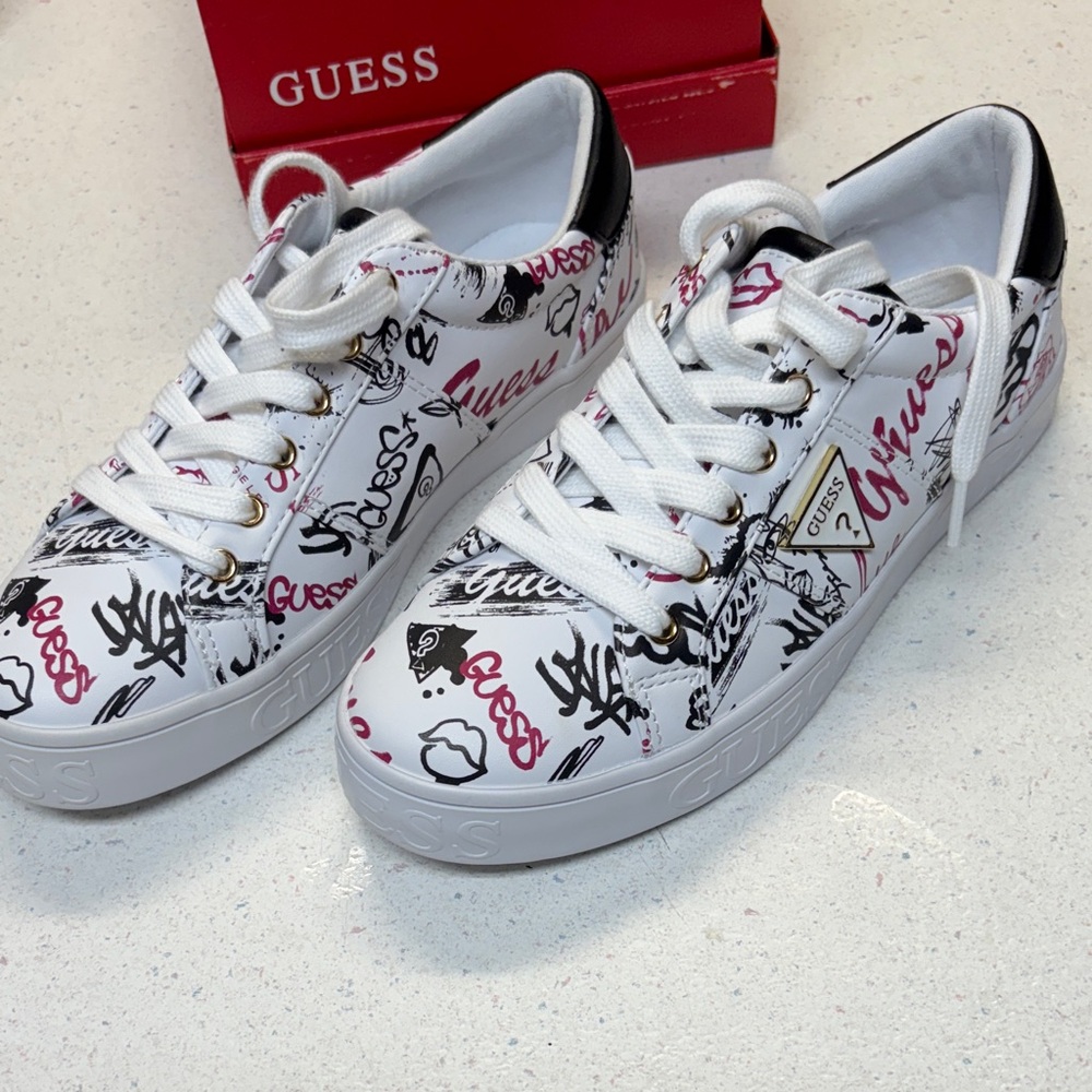 Guess White Sneakers with Black and Red Graphics